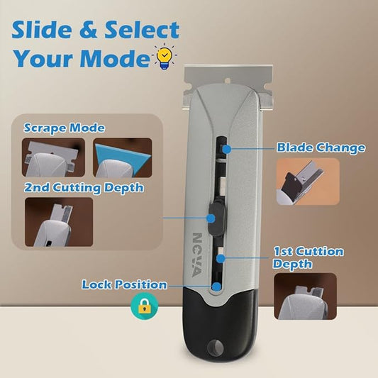 Nova 2 in 1 Scraper Utility Knife with Extra10 Metal Razor Blades +10 Plastic Blades, 2 Cutting Depth of Box Cutter, Multi-Purpose Cleaning and Cutting