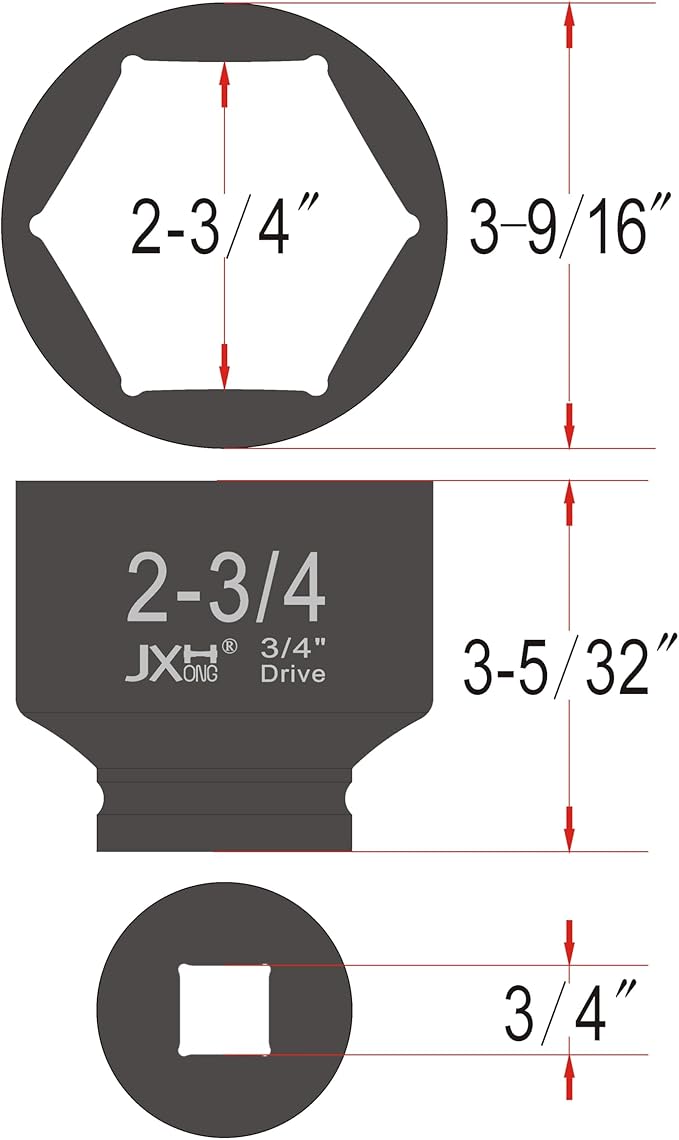 3/4" Drive 2-3/4" (70mm) Impact Socket, 6-Point, Heat Treated