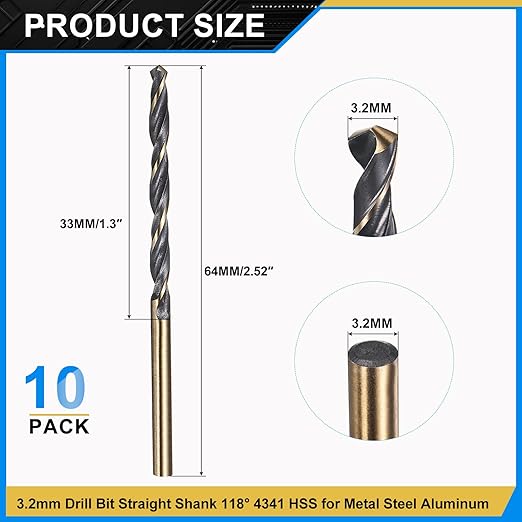 PATIKIL 3.2mm Drill Bit, Jobber Straight Shank 4341 High-Speed Steel 118째 Black and Gold Finish for Medium-Hard Metal Steel Acrylic - 10 Pack