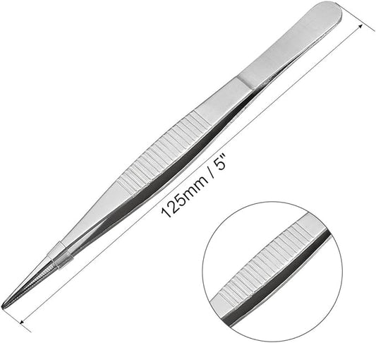 uxcell 5 Pcs 5-Inch Stainless Steel Straight Pointed Tweezers with Serrated Tip