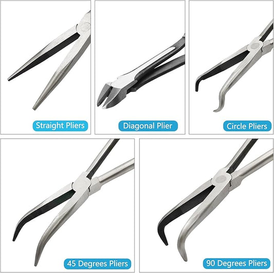 5-Piece 11" Extra Long Needle Nose Pliers Set with Insulated Comfort Grip, Straight Long Reach Plier, 45/90째Bent Nose Pliers,O-shaped nose plier,Diagonal Plier for Bending Shaping Trimming