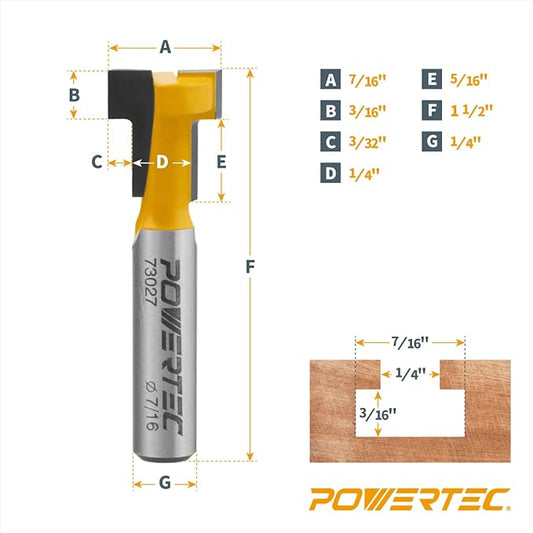 POWERTEC T Track Router Bit, Tungsten Carbide Tipped Router Bit, 1/4 Shank, 7/16" Dia., Slatwall, T Slot for Picture Frames, Plaque, Compatible with 1/4" Hex Bolts, 2PK (73027-P2)