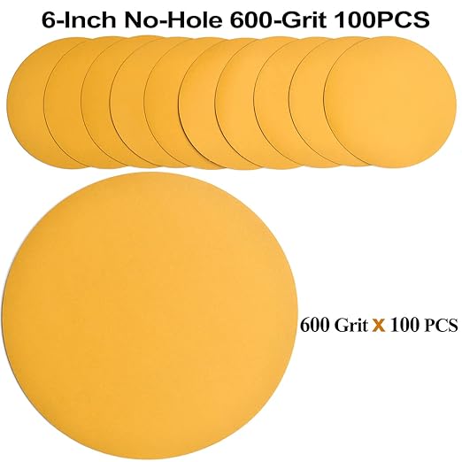 6-Inch No-Hole Hook and Loop Sanding Discs 600-Grit, Random Orbital Sandpaper for Automotive and Woodworking, 100-Pack