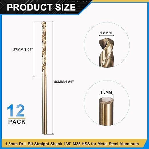 PATIKIL 1.8mm Drill Bit, Jobber Straight Shank M35 Cobalt 5% High-Speed Steel 135째 Gold Finish for Stainless Steel Hard Metal - 12 Pack