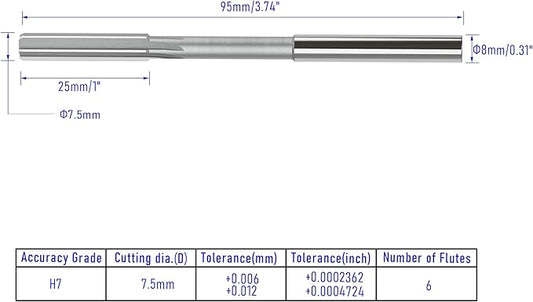Chucking Reamer 7.5mm, H7 HSS Cobalt M35 Lathe Machine Reamer Metric, 6 Straight Flutes, Round Straight Shank Milling Cutting Tool, for Stainless Steel Alloy Copper Metal