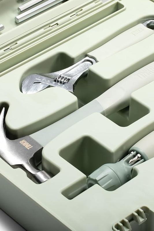 TINKR Modern Tool Box Workstation ??Full Tool Set with Hammer, Ratchet Screwdriver, Allen Keys, Wrench, Knife, Tape Measure, Level, Pliers & Phone Holder