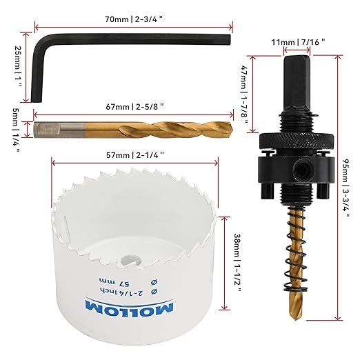 Mollom (57mm | 2-1/4") HSS M42 with 8% Cobalt BI-Metal Hole Saw with 2 Pilot Drill Bits & Arbor Smooth Cutting for PVC,Drywall,Wood,Plastic,Gypsum Board,Rubber