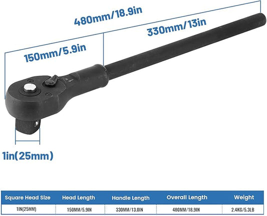 1" Ratchet with 13" Long Handle, Heavy Duty Quick Release Reversible Switch Full Polish Grip Drive Ratchet Socket Wrench, Gifts for Men & Dad, 18.9 Inch Overall Length