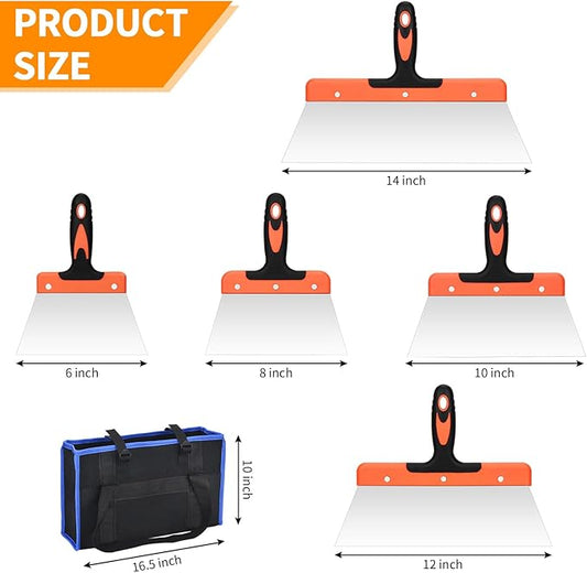 6 Piece Drywall Hand Tool Kit,Drywall Knife Set,5 Pack 14In,12In,10In,8In,6In Putty Knife,Storage Bags