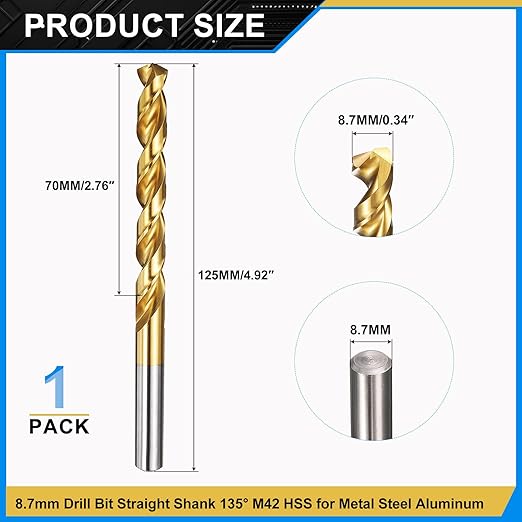 PATIKIL 8.7mm Drill Bit, M42 8% Cobalt High-Speed Steel Jobber Straight Shank 135° Titanium Nitride (TiN) Coated for Hard Metal Stainless Steel - 1 Pack