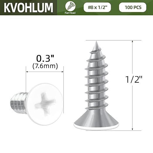 100 PCS #8 x 1/2" White Head Sheet Metal Screws, Flat Head Phillips Fast Self Tapping Screws, Countersunk Head Wood Screws, Screwdriver Bit Included