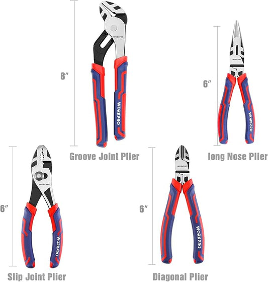 WORKPRO 4-Piece Pliers Set - Premium CR-V Construction Tool Set Including Long Nose, Diagonal Cutting, Groove Joint and Slip Joint Pliers - Red