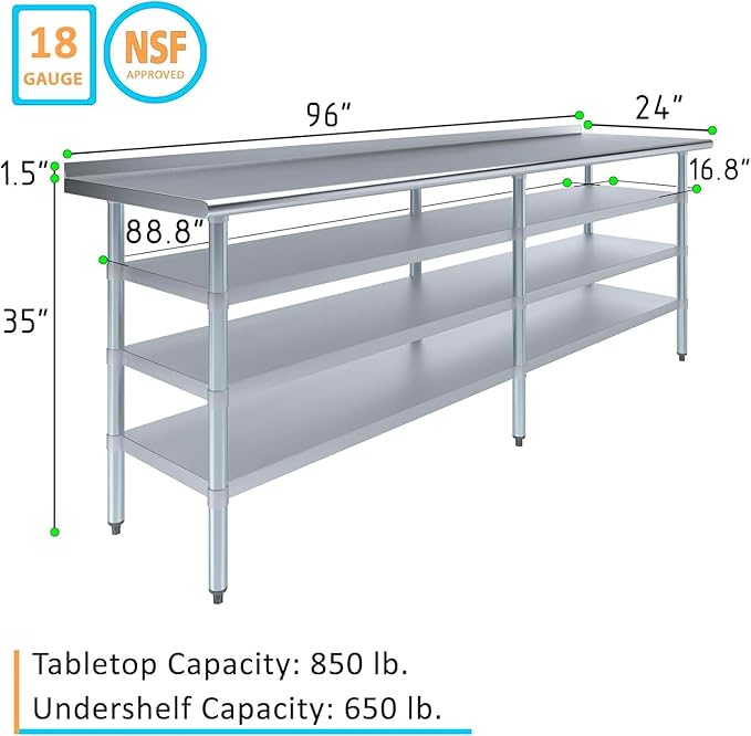Stainless Steel Work Table with 1.5" Backsplash and 3 Shelves | Metal Kitchen Food Prep Table | NSF Certified (96" Long x 24" Deep)