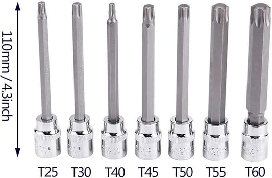 Extra Long Torx Star Bit Socket Set 7 Piece T25-T60 CR-V "3/8" Drive 110mm(Torx)