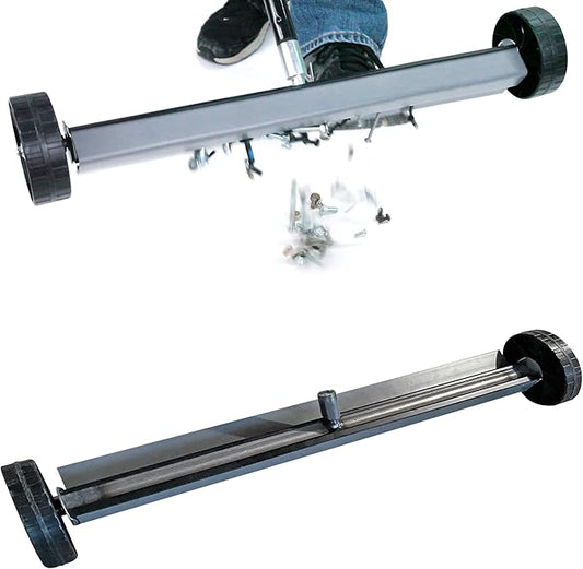 Quick-Release Rolling Magnetic Sweeper, Proudly Made-in-the-USA, 26-Inch Nail Magnet Sweeper on 4-inch Poly Wheels, for Easy Metal Debris Clean-Up. Roofing Edition. Handle sold seperately!