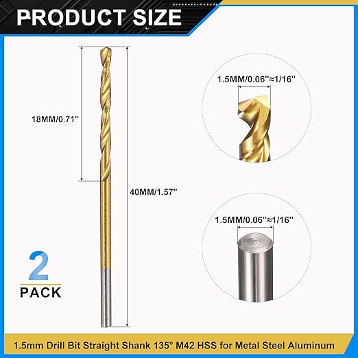 PATIKIL 1.5mm Drill Bit, M42 8% Cobalt High-Speed Steel Jobber Straight Shank 135° Titanium Nitride (TiN) Coated for Hard Metal Stainless Steel - 2 Pack