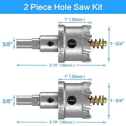 TCT Hole Saw Set, 2-Pack of 1-3/4" (45mm) Heavy Duty Tungsten Carbide Tipped Hole Cutters for Stainless Steel Mild Steel Copper Iron Brass Plastic and More, with Titanium-Plated Pilot Drill Bits