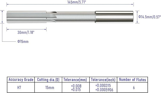 Chucking Reamer 15mm, H7 HSS Cobalt M35 Lathe Machine Reamer Metric, 6 Straight Flutes, Round Straight Shank Milling Cutting Tool, for Stainless Steel Alloy Copper Metal