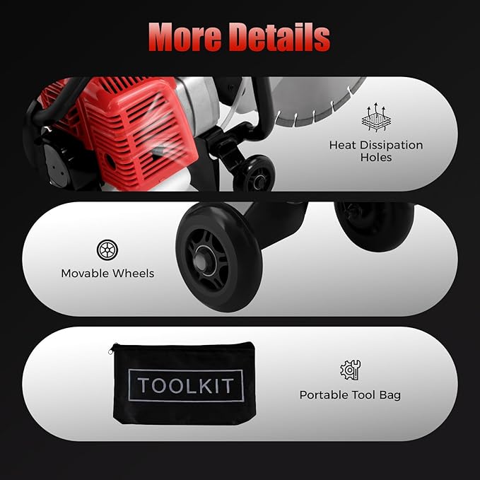 52CC Concrete Cutter Saw, 2-Stroke Gas Powered Disc Cutter/Circular Saw with 13in Blade, Dry & Wet Concrete Cutting Tool for Stone & Masonry Projects, 1.4KW/6500RPM