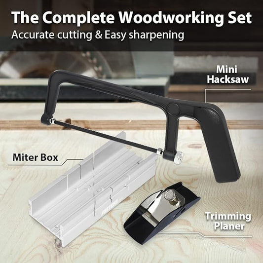 FIRSTINFO H5406 Aluminum Thin Slot Miter Box Set with Mini Hacksaw and Trimming Planer, Slot Angles 45, 90, 135 Degree