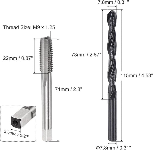 uxcell Metric Tap and Drill Bit Set, M9 x 1.25 Thread Tap & 7.8mm Black Oxide Twist Drill Bit, Straight Flute Tap Tapping Threading Repair Tool Kit