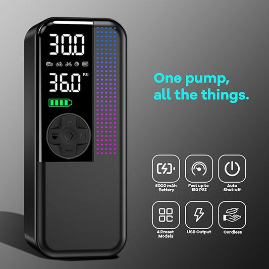 Tire Inflator Portable Air Compressor, 150 PSI Cordless Air Pump, Dual Power 6000mAh, 12V DC Car Plug, Fast Inflation 24L/Min, Auto Shut-Off, LED Light, 4 Preset Modes for Car, Bike, Motorcycle, Balls