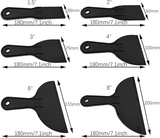RLECS 6PCS Black Plastic Putty Knife Wallpaper/Auto Film Scraper 1.5/2/3/4/6/8inch Applicator Whitewash Tool for Patching Wall Joints Tiling Canvas Treatment