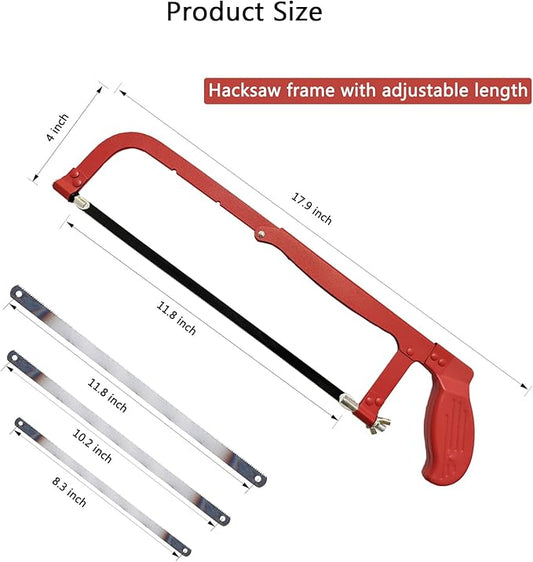 Hacksaw,Adjustable Hack Saw Frame Set,with 3 Hacksaw Blades 12 inch Metal,Hand Saw Woodworking Tools,24/18 TPI Handsaw for Metal,Wood,PVC Pipes