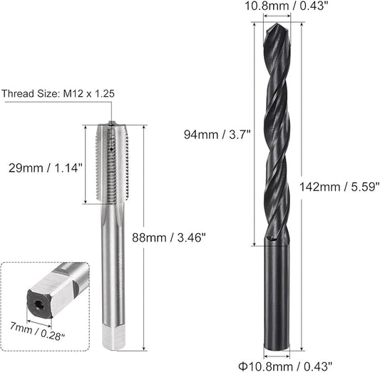 uxcell Metric Tap and Drill Bit Set, M12 x 1.25 Thread Tap & 10.8mm Black Oxide Twist Drill Bit, Straight Flute Tap Tapping Threading Repair Tool Kit