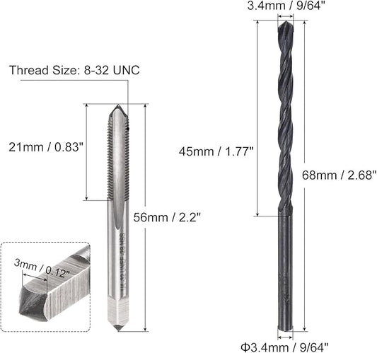 uxcell Tap and Drill Bit Set, 8-32 UNC Thread Tap & 9/64" Black Oxide Twist Drill Bit, Straight Flute Tap Tapping Threading Repair Tool Kit