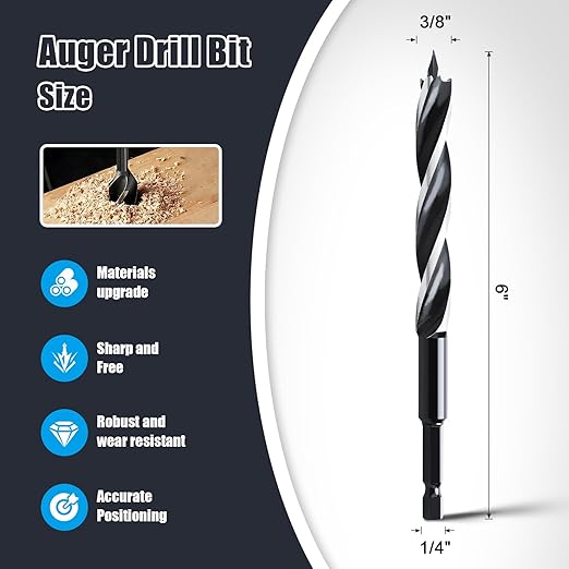 2PCS 3/8" x 6" Auger Drill Bit for Wood, Hex Shank Tri Flute Ship Auger Long Drill Bit for Soft and Hard Wood,Tree Stump,Plastic,Drywall and Composite Materials