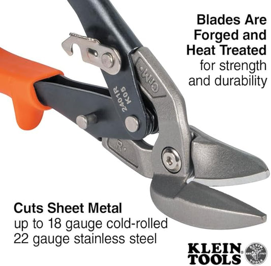 Klein Tools 2401R Right-Cutting Offset Snips, Aviation Tin Snips with Forged Blade for Precision Sheet Metal Cutting
