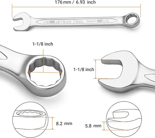 Jetech 1/2 Inch Combination Wrench, Industrial Grade Cr-V Steel Spanners with Precise 12 Point Opening, Off-Corners Design