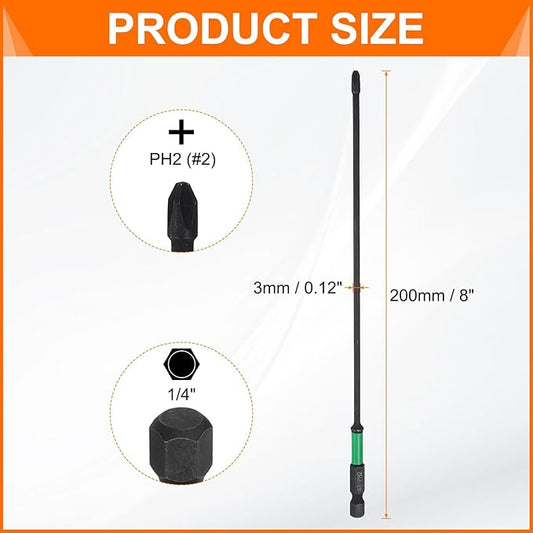 HARFINGTON 3pcs #2 Impact Phillips Screwdriver Bit PH2 1/4" Hex Shank 8" (200mm) Long 0.12" Rod Magnetic Cross Head Drill Bits S2 Steel Industrial Screw Driver for Impact Power Drivers