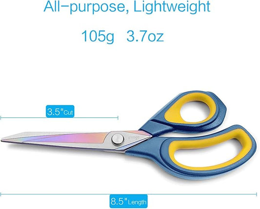 LIVINGO 8.5??Premium Fabric Scissors, Heavy Duty All-Purpose Titanium Coating Forged Stainless Steel Sharp Sewing Tailor Dressmaking Shears Comfort Grip Crafting Leather Cutting, Navy Blue/Yellow