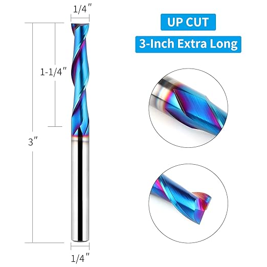 5PCS Upcut Spiral Router Bit 1/4 inch Shank, 1/4 inch Cutting Diameter, Extra Long 3 inch Solid Carbide with Nano Blue Coating CNC Router Bits End Mill for Wood Cut, Carving