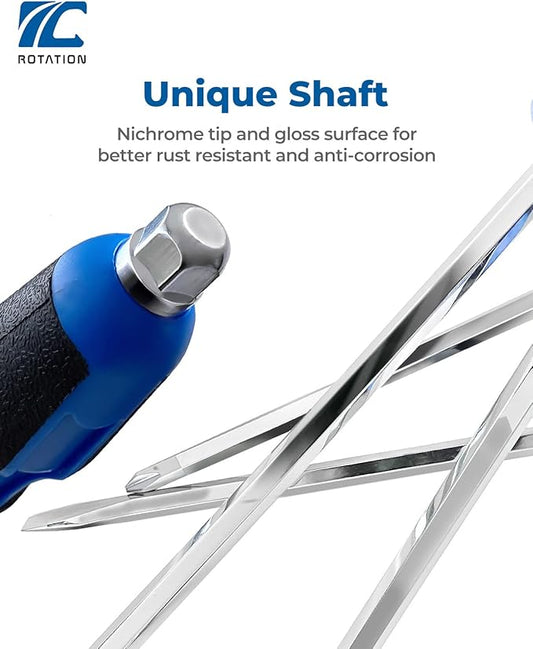 ROTATION Magnetic Screwdriver Set 12 PCS with Nichrome tips, 6 Phillips and 6 Flat Head Screwdrivers, half with Go-Thru Steel Blades, High Torque for Fastening and Loosening (Silver Tip_Gloss Blade)