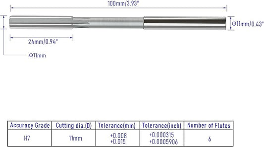 Chucking Reamer 11mm, H7 HSS Cobalt M35 Lathe Machine Reamer Metric, 6 Straight Flutes, Round Straight Shank Milling Cutting Tool, for Stainless Steel Alloy Copper Metal