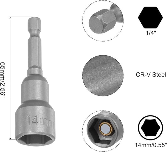 uxcell 14mm Magnetic Hex Socket 65mm/2.56", 1/4" Hex Shank Magnetic Power Nut Driver Set CR-V Quick-Release Extensions for Impact Drill Nut Setters Socket Wrench Screw, 2 Pcs