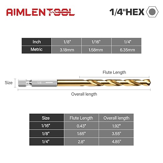 13PC 1/4" Titanium Coated Twist Hex Shank Drill Bit Set, 135 Degree Tip HSS Drill Bit Sets, Impact Driver Drill Bits for Wood, Steel, Metal, Plastic with Quick Change Design