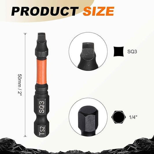HARFINGTON 3pcs Square Head Screwdriver Bits 1/4" Hex Shank SQ3 Magnetic Head 2" Length S2 Steel Screw Driver Drill Bit for Repair Work Electric Screw Driver