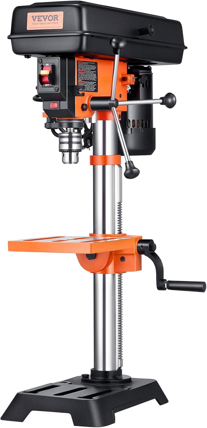 VEVOR Benchtop Drill Press, 3.2 Amp and 5-Speed Adjustable Drill Press with 10 in Swing, Cast Iron Frame, Worktable Tilts 0-45째, Ideal for Drilling Wood & Metal
