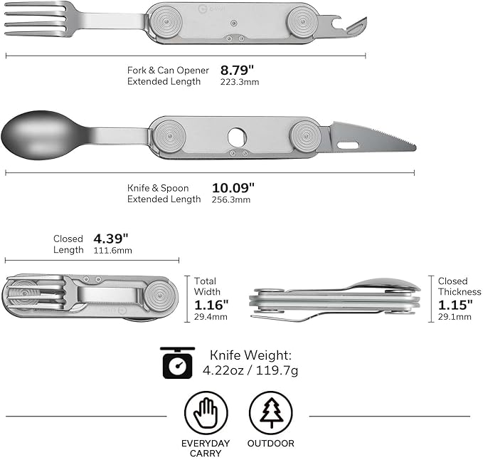 CIVIVI Partake 4-in-1 Camping Utensil, Detachable Stainless Steel Folding Knife, Fork, Spoon & Bottle Opener Multi-Tool, with Waxed Canvas Pouch for Travel Camping Hiking, C24032C-3, Silver