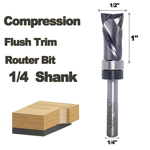 Compression Top Bearing Flush Trim Router Bit 1/4 Shank - 1/2" Cutting Dia, 1" Cut Height, Carbide Spiral Up-Down Pattern Template Flush Cut Router Bit, for Wood Trimming
