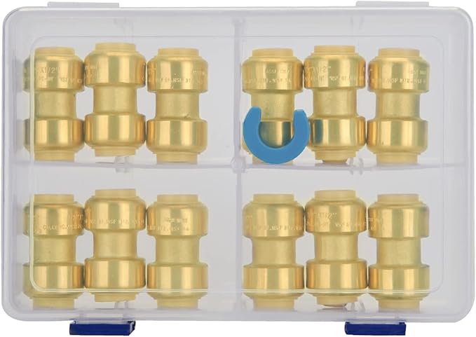 SUNGATOR 1/2 Inch Coupling, Push Pex Fittings 1/2 Inch, 1/2" Straight Coupling, No Lead Brass Push-to-Connect Fittings for Pex Pipe, Copper, CPVC, with 1 Disconnect Clip, Pack of 12