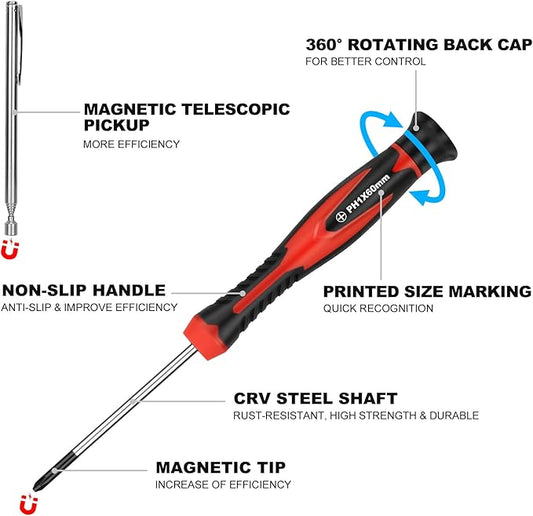 HAUTMEC 11-PCS Precision Mini Screwdriver Set with Telescoping Magnetic Pickup Tool, Phillips, Flat, Torx, Pouch, CRV Steel Shaft Magnetic Tiny Screwdriver Set for Eyeglass, Watch, Laptop, Phone