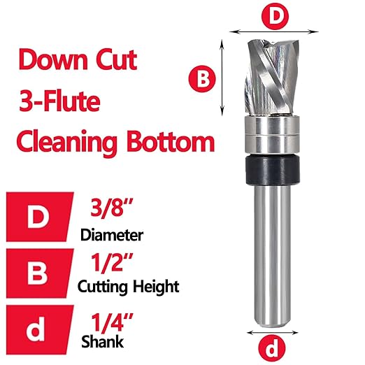 Flush Trim Router Bit 1/4 Shank, Down-Cut Carbide Head 3-Flute, 3/8" Diameter, 1/2" Cutting Length, Pattern Template Spiral Flush Trim Router Bit, for Grooves, Bottom Cleaning, Wood Trimming
