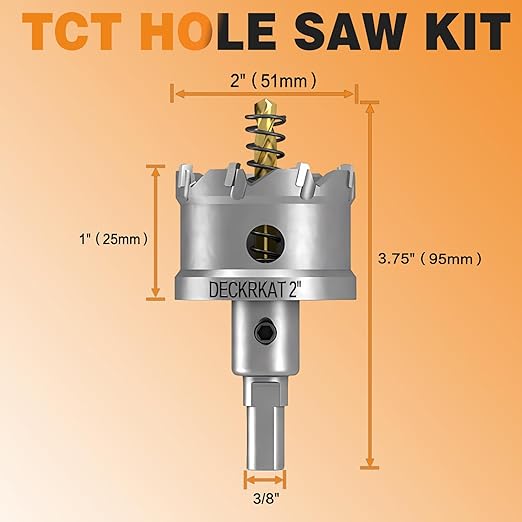 DECKRKAT 2" TCT Hole Saws for Hard Metal, Heavy Duty 51mm Tungsten Carbide Tipped Hole Cutters Set with Spring-Loaded Pilot Drill Bits for Stainless Steel, Metal, Iron, and Plastic.