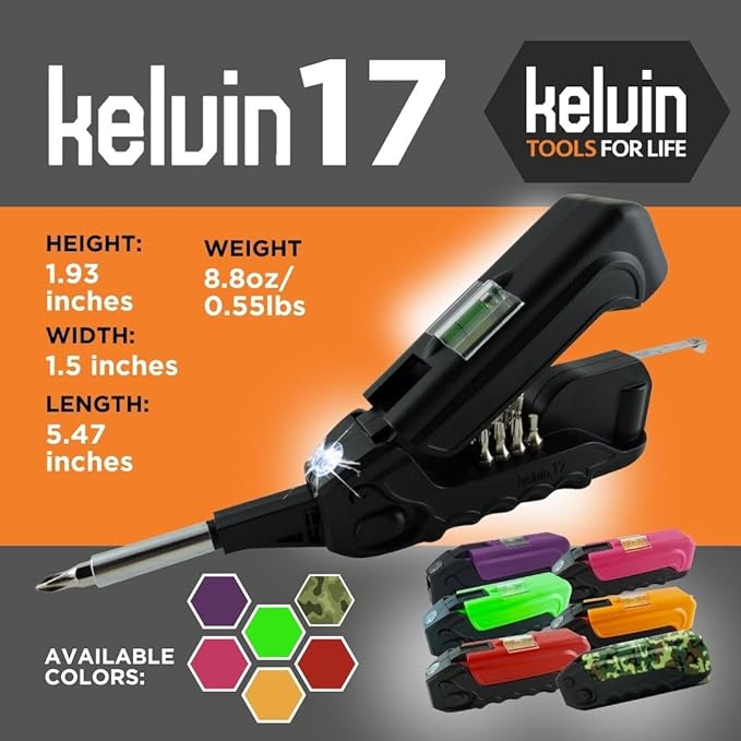 Kelvin Tools Kelvin 17 | The Palm-Sized Everyday Multi-Tool Set | 17 Integrated Tools: 13 Bit Screwdriver Set, Tape Measure, Liquid Level, Hammer, and Flashlight (Orange)