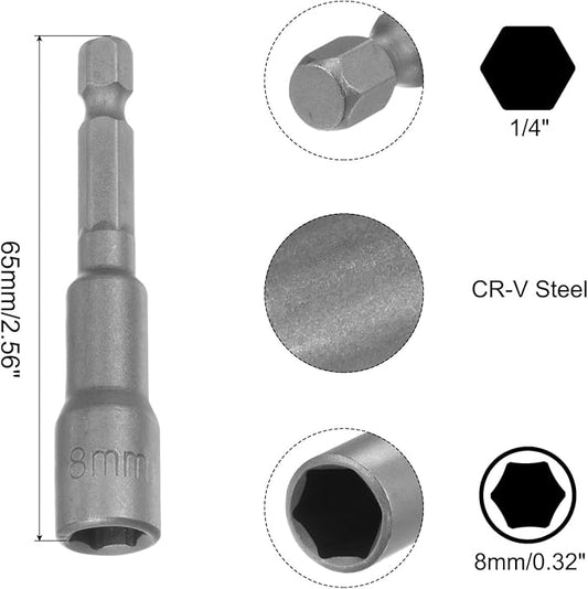 uxcell 8mm Magnetic Hex Socket 65mm/2.56", 1/4" Hex Shank Magnetic Power Nut Driver Set CR-V Quick-Release Extensions for Impact Drill Nut Setters Socket Wrench Screw, 2 Pcs